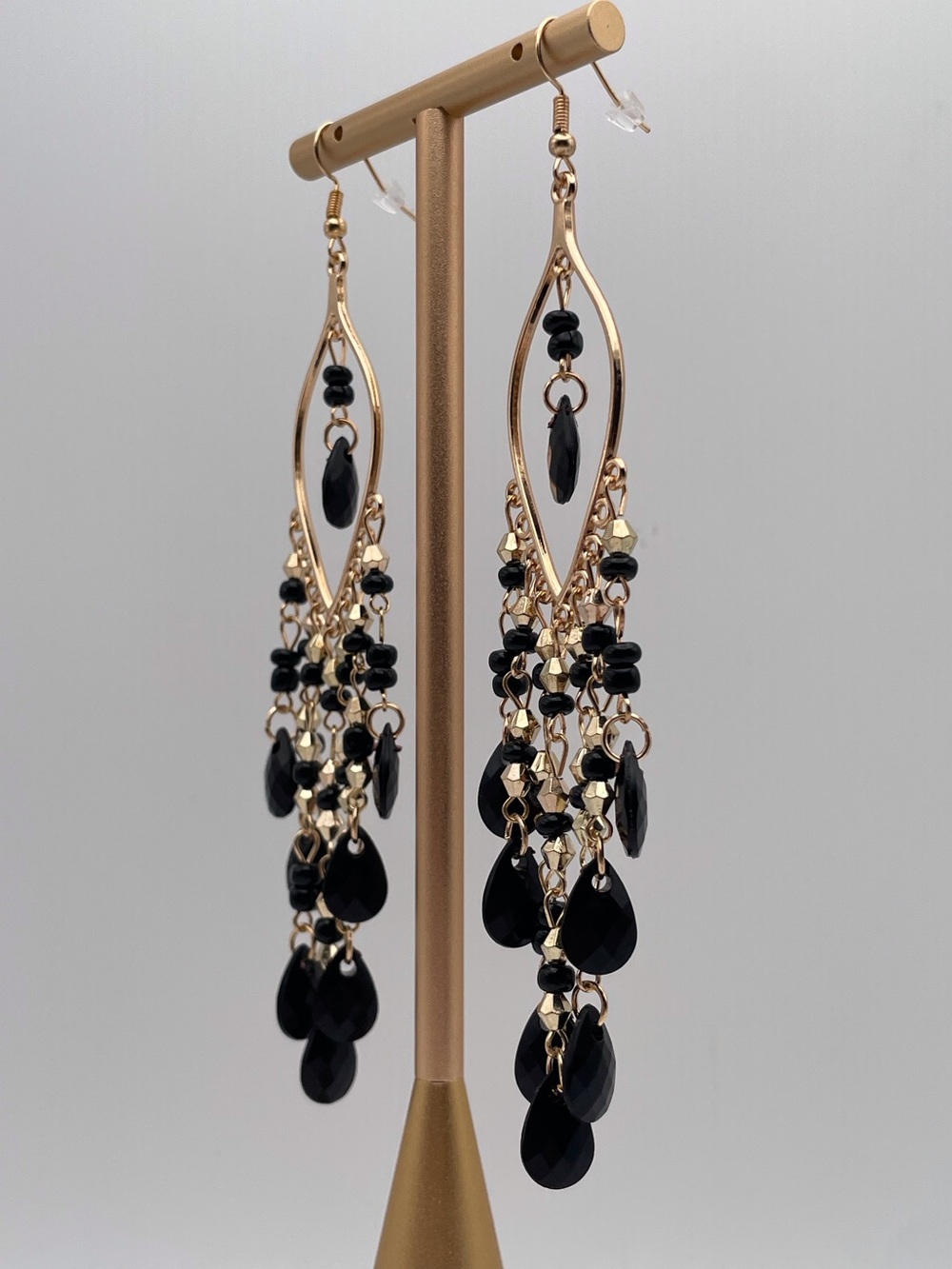 Gold and Black Teardrop Chandelier Earrings - Picture 10 of 12